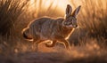 photo of jackrabbit jumping in tall grass at sunset. Generative AI