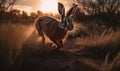 photo of jackrabbit jumping in tall grass at sunset. Generative AI