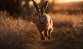 photo of jackrabbit jumping in tall grass at sunset. Generative AI