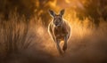 photo of kangaroo jumping in tall grass at sunset. Generative AI