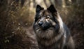 photo of keeshond on a forest path. Generative AI