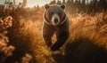photo of Kodiak bear running in tall grass at sunset. Generative AI