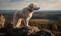 Photo of kuvasz dog majestically standing atop a rocky outcropping overlooking a sprawling pastoral landscape. image showcases