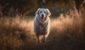 photo of kuvasz dog running happily in tall grass at sunset. Generative AI