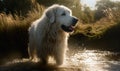 photo of kuvasz dog standing in water. Generative AI