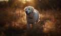 photo of kuvasz dog walking happily in tall grass at sunset. Generative AI