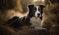 photo of lying border collie in a field. Generative AI