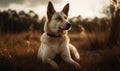 photo of a lying Canaan dog with a forest in the background. Generative AI