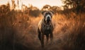 photo of Mastiff standing in tall grass at sunset. Generative AI