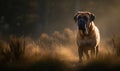 Photo of Mastiff standing tall and proud in a grassy field with a hint of morning mist illuminating the Mastiffs powerful form