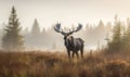 Photo of moose towering above a misty moss-covered bog its majestic antlers crowned with fresh foliage. Generative AI Royalty Free Stock Photo