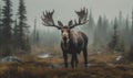 Photo of moose towering above a misty moss-covered bog its majestic antlers crowned with fresh foliage. Generative AI Royalty Free Stock Photo