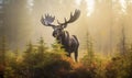 Photo of moose towering above a misty moss-covered bog its majestic antlers crowned with fresh foliage. Generative AI Royalty Free Stock Photo