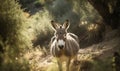 photo of mule on a forest path. Generative AI