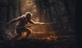 Photo of Neanderthal archaic human hunting in a dense prehistoric forest. The powerful figure is captured mid-stride brandishing a