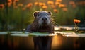 Photo of nutria captured with exquisite detail featuring its iconic orange incisors and webbed feet amidst a lush wetland habitat Royalty Free Stock Photo