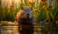 Photo of nutria captured with exquisite detail featuring its iconic orange incisors and webbed feet amidst a lush wetland habitat Royalty Free Stock Photo