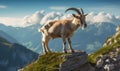 Photo of Oberhasli goat gracefully perched on a rocky ledge overlooking a picturesque alpine meadow. image showcases the goats