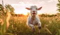 photo of Oberhasli goat jumping happily in tall grass at sunset. Generative AI