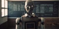 Photo portrait of a humanoid AI robot teacher standing at the front of the class with a large chalkboard with neat handwriting in