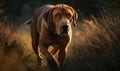 photo of walking bloodhound in tall grass during sunset. Generative AI