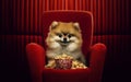 Playful Pomeranian Dog Enjoying Cinema Armchair. Generative AI