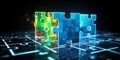 Puzzle teamwork in virtual cyberspace network with binary code. Generative AI Royalty Free Stock Photo