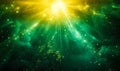 Radiant green light beams radiating from a single luminous point with particles, depicting energy, vitality, or a mystical