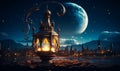 Ramadan Kareem with an ornate lantern illuminating under a crescent moon in a tranquil night sky Royalty Free Stock Photo