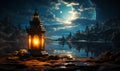 Ramadan Kareem with an ornate lantern illuminating under a crescent moon in a tranquil night sky Royalty Free Stock Photo