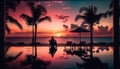 Relaxing at luxury beach hotel resort at sunset in swimming pool with scenic tropical landscape with palm trees, summer vacation Royalty Free Stock Photo