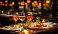 Romantic Repast Restaurant Table Bathed in Soft Light with Wine and Treats