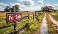 Rural landscape with a For Sale sign on a wooden fence leading to a country house, depicting real estate opportunities in Royalty Free Stock Photo