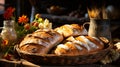 Rustic Country Kitchen Basket of Fresh Bread Royalty Free Stock Photo