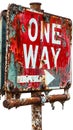 Rustic and weathered One Way sign with a directional arrow, on a rusty post, indicating a single direction against a clear Royalty Free Stock Photo