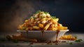 Satisfy Your Cravings with a Golden Plate of Canadian Poutine the Ultimate Comfort Food. Food photography. Generative AI