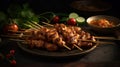 Savor the Flavor of Indonesian Satay with Spicy Peanut Sauce Perfect for BBQ Season. Food photography. Generative AI