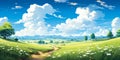 Serene Pastoral Landscape with Lush Green Meadow and Daisies under a Vibrant Blue Sky with Fluffy White Clouds, Illustration Royalty Free Stock Photo