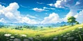 Serene Pastoral Landscape with Lush Green Meadow and Daisies under a Vibrant Blue Sky with Fluffy White Clouds, Illustration Royalty Free Stock Photo