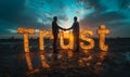 Silhouetted Corporate Experts Shaking Hands Before a Radiant Trust Sign as the Sun Sets, Portraying Flourishing