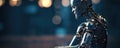 Sitting and thinking metallic AI robot and blurred bokeh background. Generative AI
