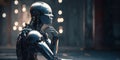 Sitting and thinking metallic AI robot and blurred factory or warehouse background with copy space. Generative AI