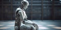 Sitting and thinking metallic AI robot and blurred factory or warehouse background with copy space. Generative AI