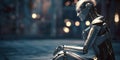 Sitting and thinking metallic AI robot and blurred factory or warehouse background with copy space. Generative AI