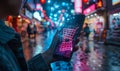 Smartphone with virtual shopping cart and social media icons floating above screen, representing online shopping and digital Royalty Free Stock Photo