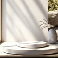 Smooth edge natural shape white podium in sunlight shadow for on white table countertop corner wall for nature luxury hygiene