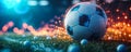 Soccer ball on the field with dynamic digital graphs, showcasing the integration of sports analytics and online betting in