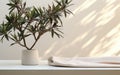 Soft beige cotton tablecloth on counter table tropical dracaena tree in sunlight on white wall background for luxury fresh organic