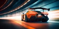 Speeding Through the Light: Futuristic Sport racing car at high speed riding in illuminated road tunnel. Generative AI Royalty Free Stock Photo