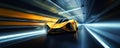 Speeding Through the Light: Futuristic Sport racing car at high speed riding in illuminated road tunnel. Generative AI Royalty Free Stock Photo